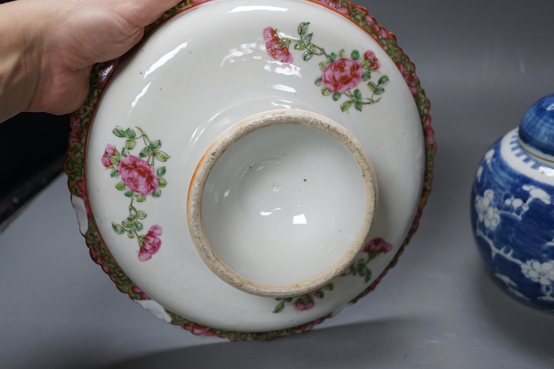 A Chinese famille rose pedestal dish, 23cm, a Thai celadon dish and a blue and white prunus jar and cover.